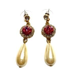 Pink rhinestone & pearl teardrop pierced earrings